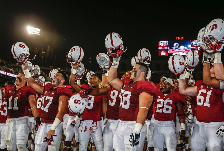 130907-Stanford-SanJose-023.JPG - Sept.7, 2013; Stanford, CA, USA; Stanford Cardinal celebrate after game against the San Jose State Spartans at  Stanford Stadium. Stanford defeated San Jose State 34-13.